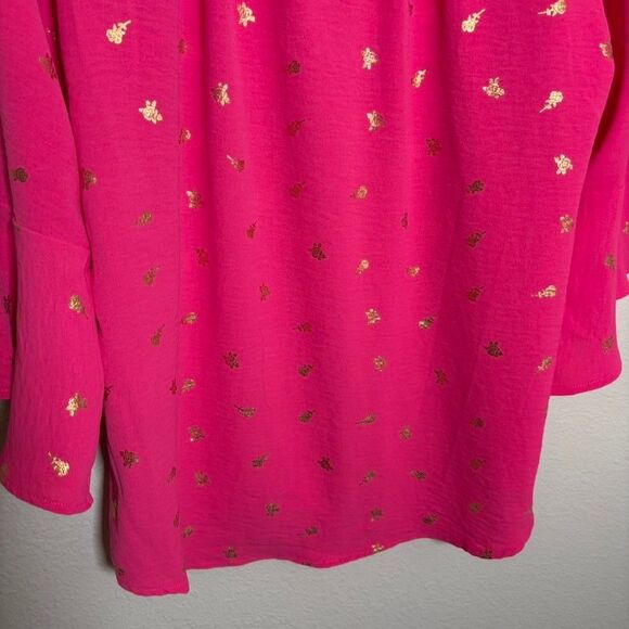 Fyve Blouse Women's Large Neon Pink V-Neck Keyhole Metallic 3/4 Sleeve Flare Top - Picture 3 of 9